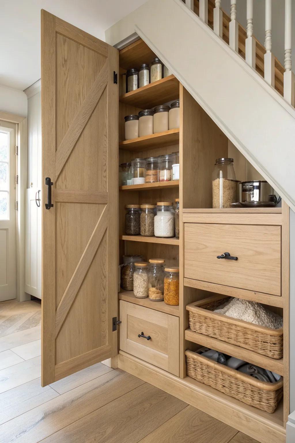 Under-stairs pantry cupboard with staggered shelves and pull-forward wooden box drawers.
