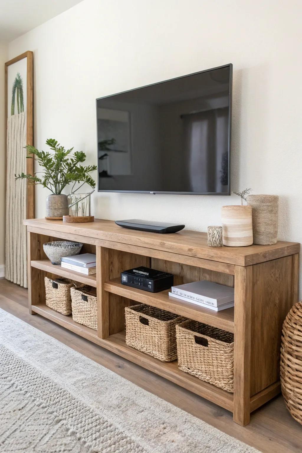 Chunky wood shelves with sleek hidden bins—open, airy styling with clutter tucked away.