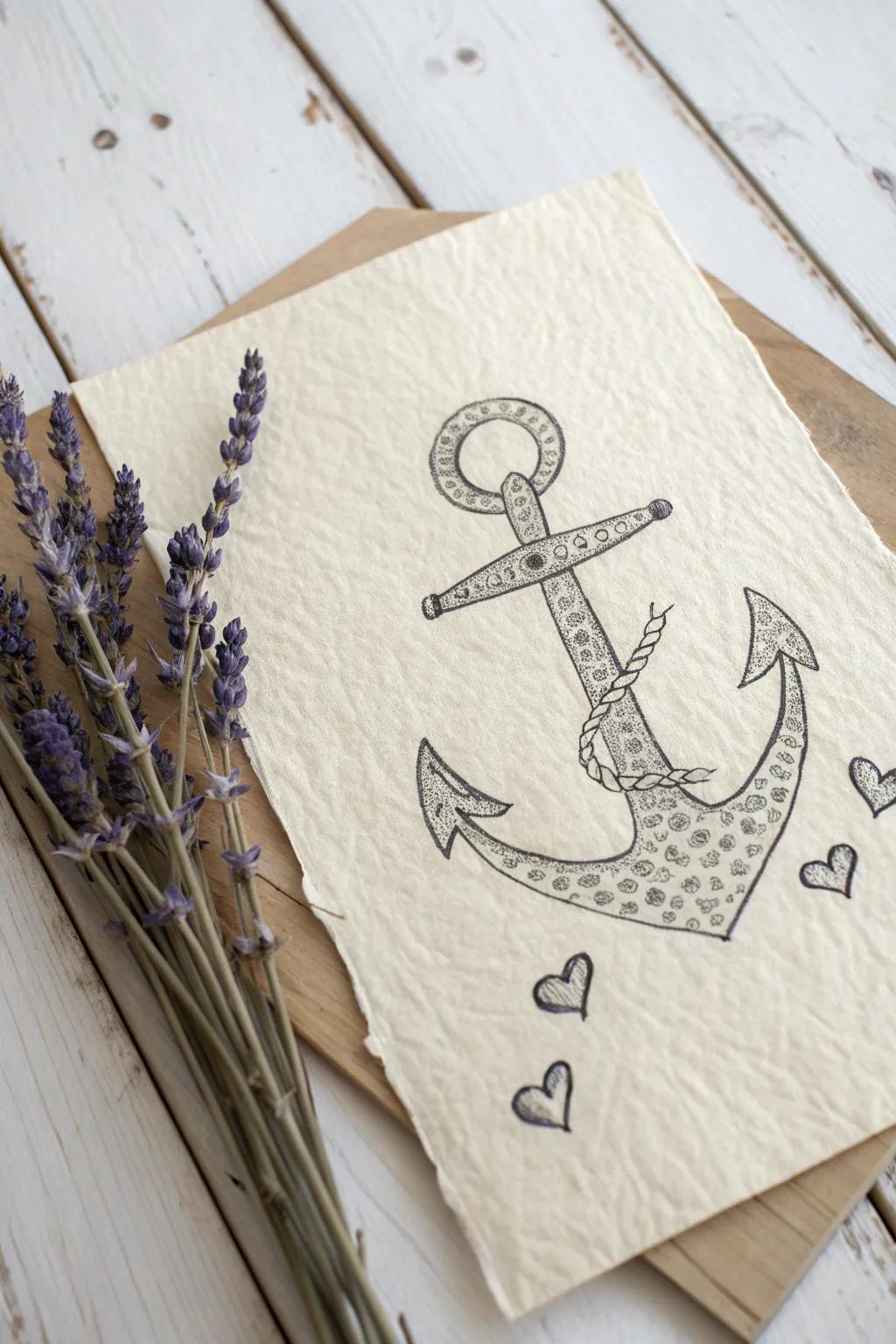 Infuse your art with love: a minimalist anchor drawing with heartfelt details.
