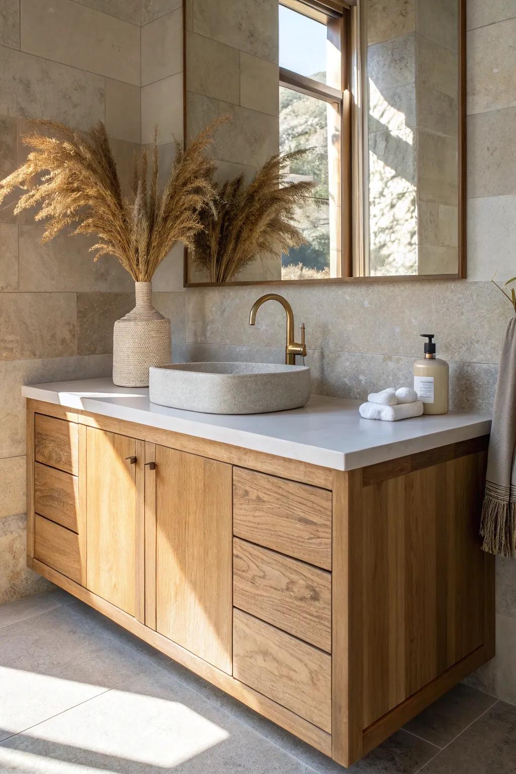 Wraparound stone backsplash + warm oak vanity: a simple detail that feels instantly high-end.