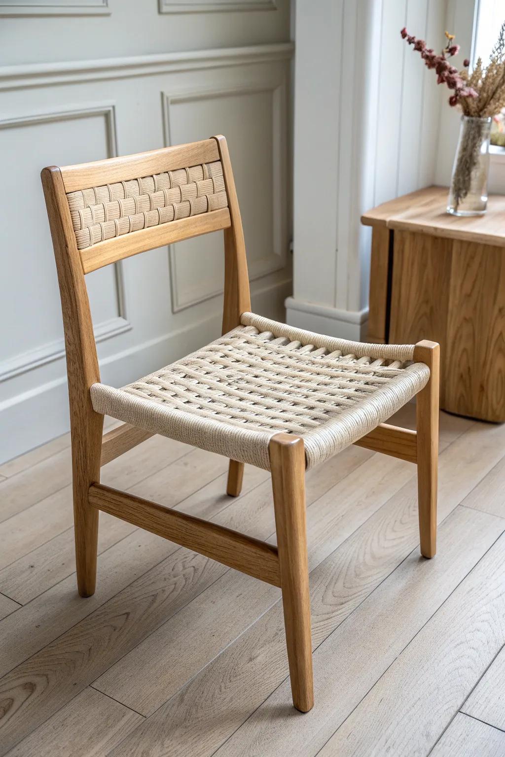 Bold oak frame meets a luxe, tightly woven cord seat—minimal, warm, and modern.