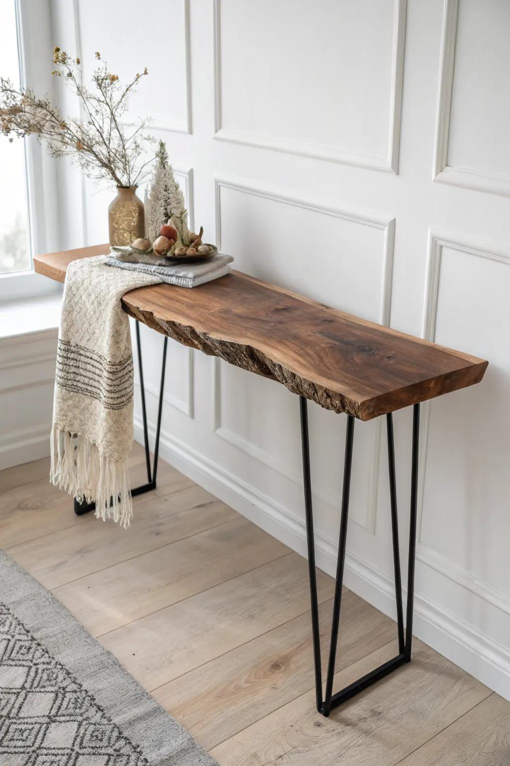 A live-edge console table that feels one-of-a-kind—organic wood meets clean modern legs.