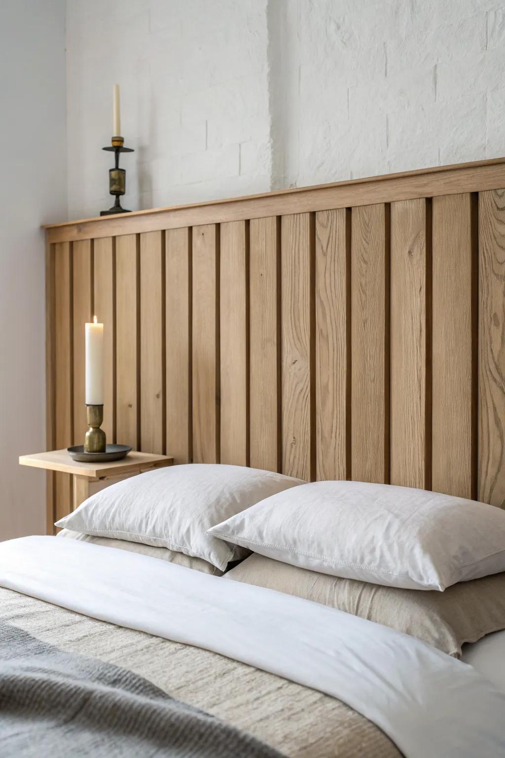 Wall-to-wall oak headboard ledge: a slim shelf that anchors the bed and elevates styling.