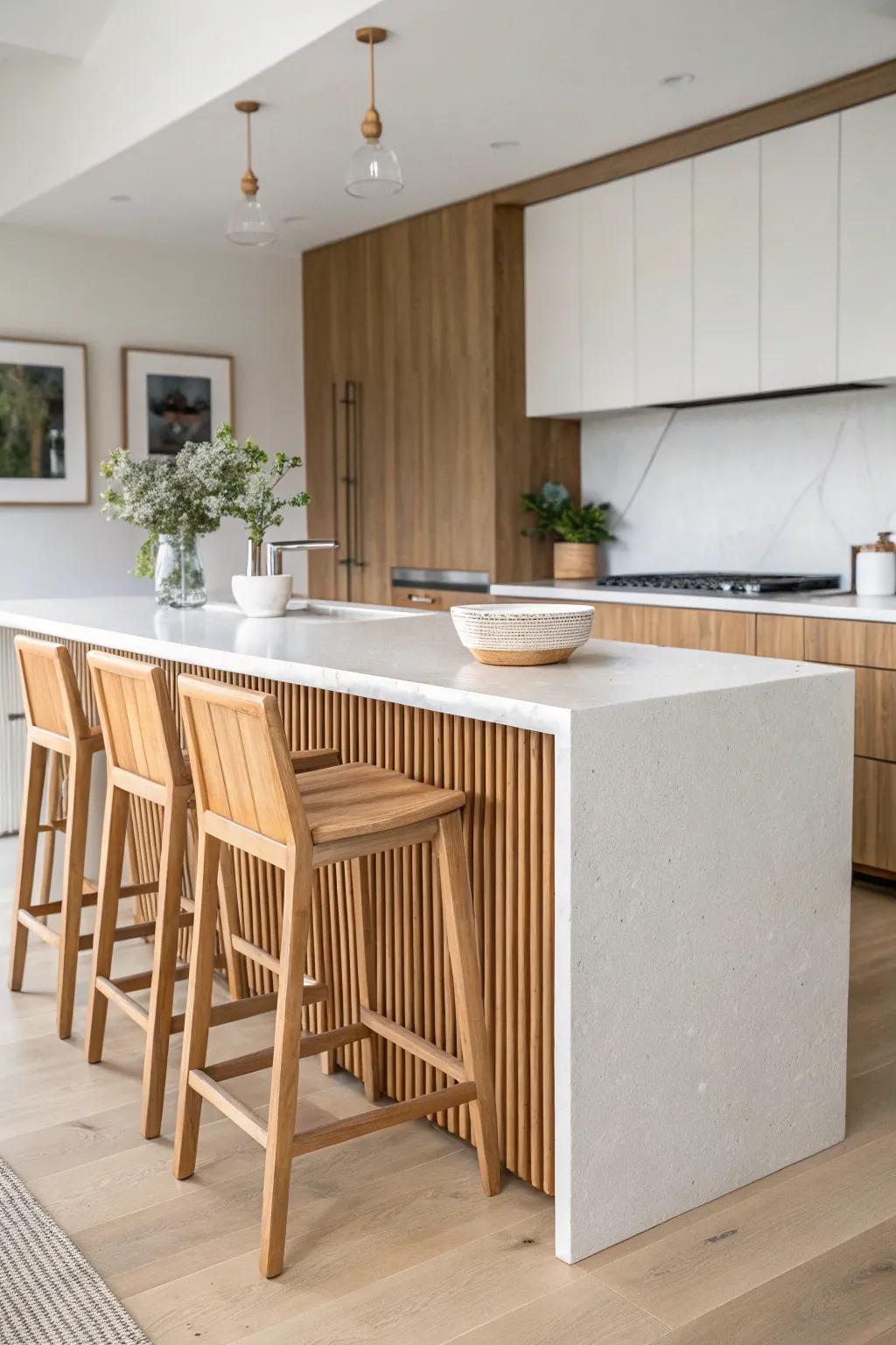 A clean waterfall-edge island softened with warm oak slats—minimal, cozy, and wow-worthy.