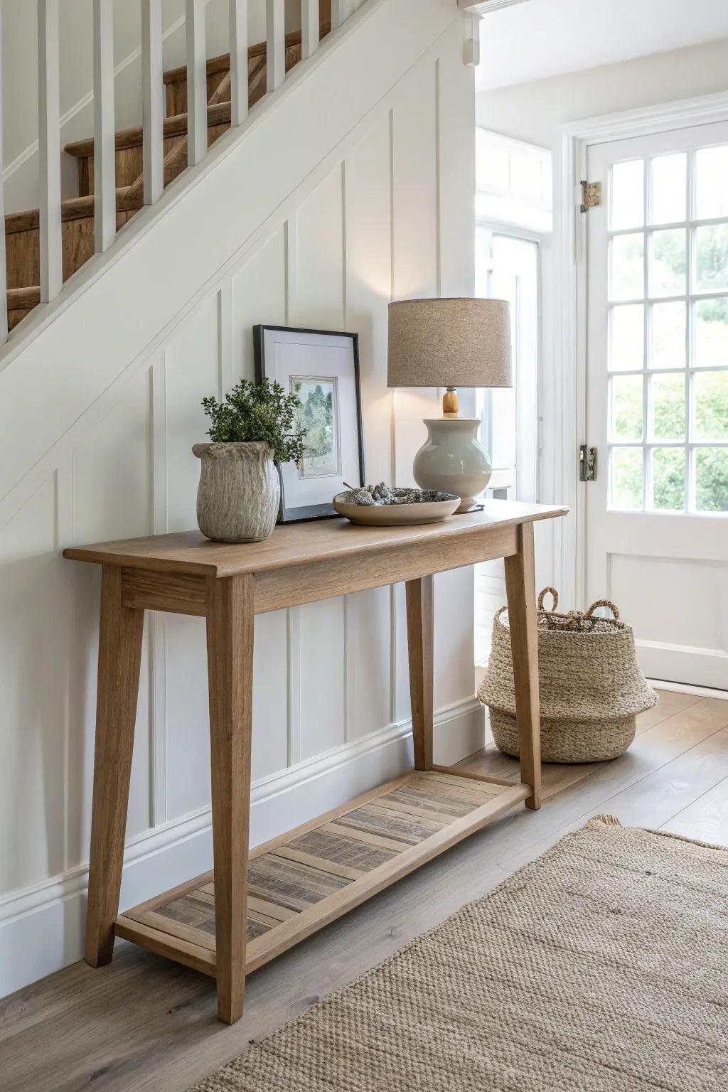 A slim handmade console table that adds warmth without stealing hallway space.