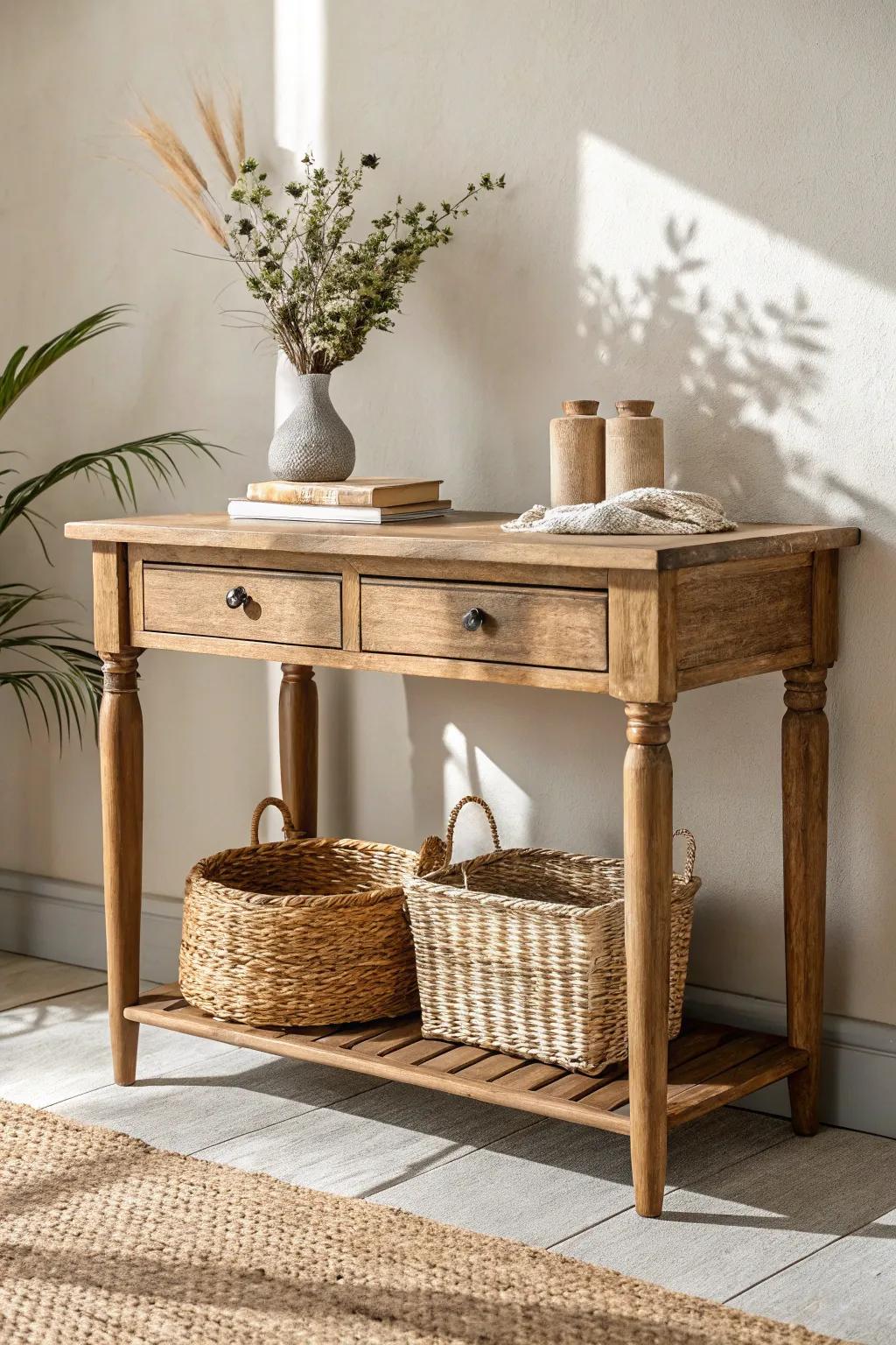 Rustic farmhouse vanity desk with chunky legs and woven baskets—cozy, clean, and practical.
