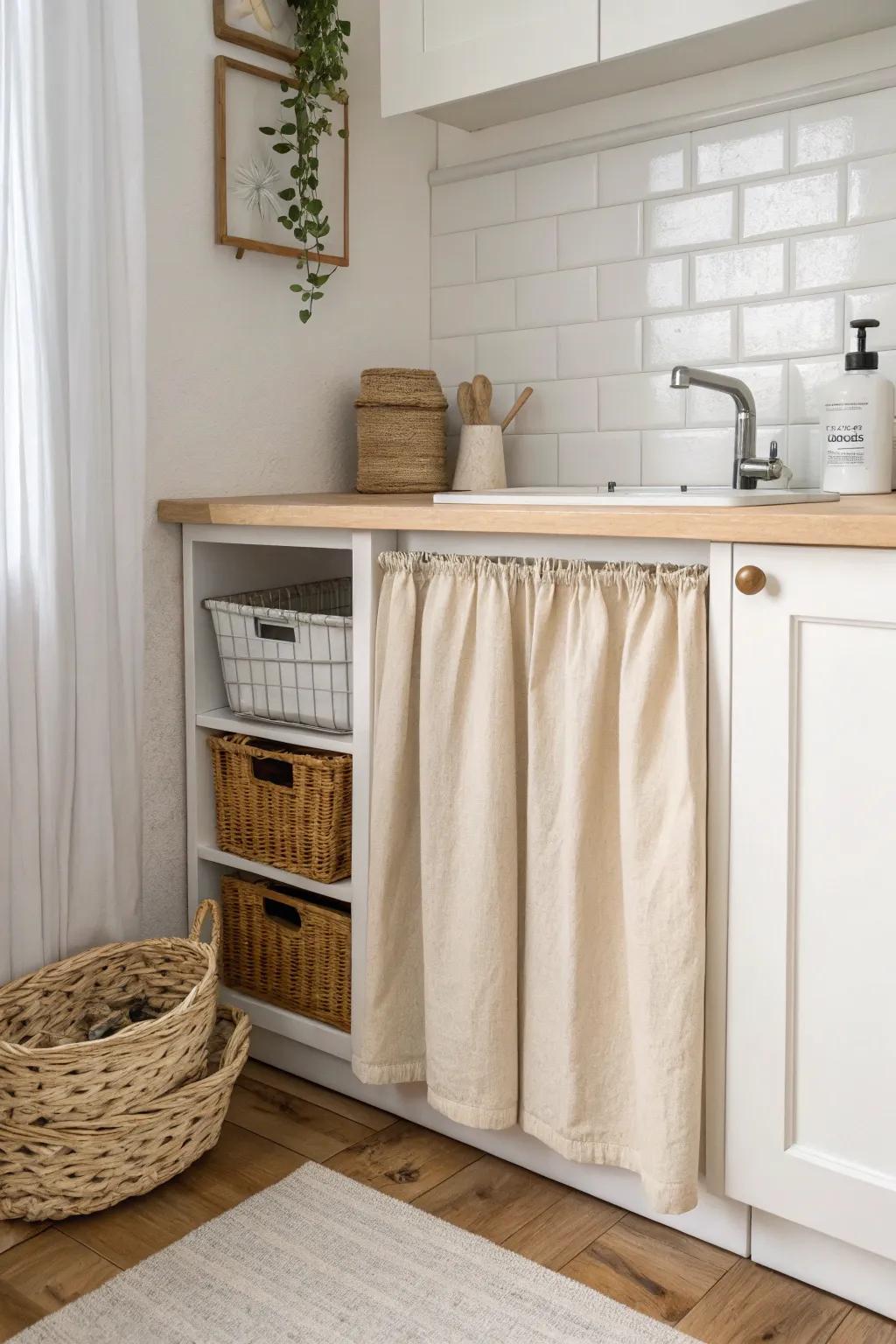 Budget tiny-kitchen upgrade: swap warped cabinet doors for a simple linen curtain.