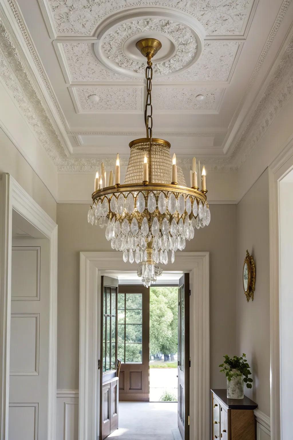 Make your Victorian entryway feel taller with a bold glass-and-brass statement chandelier.