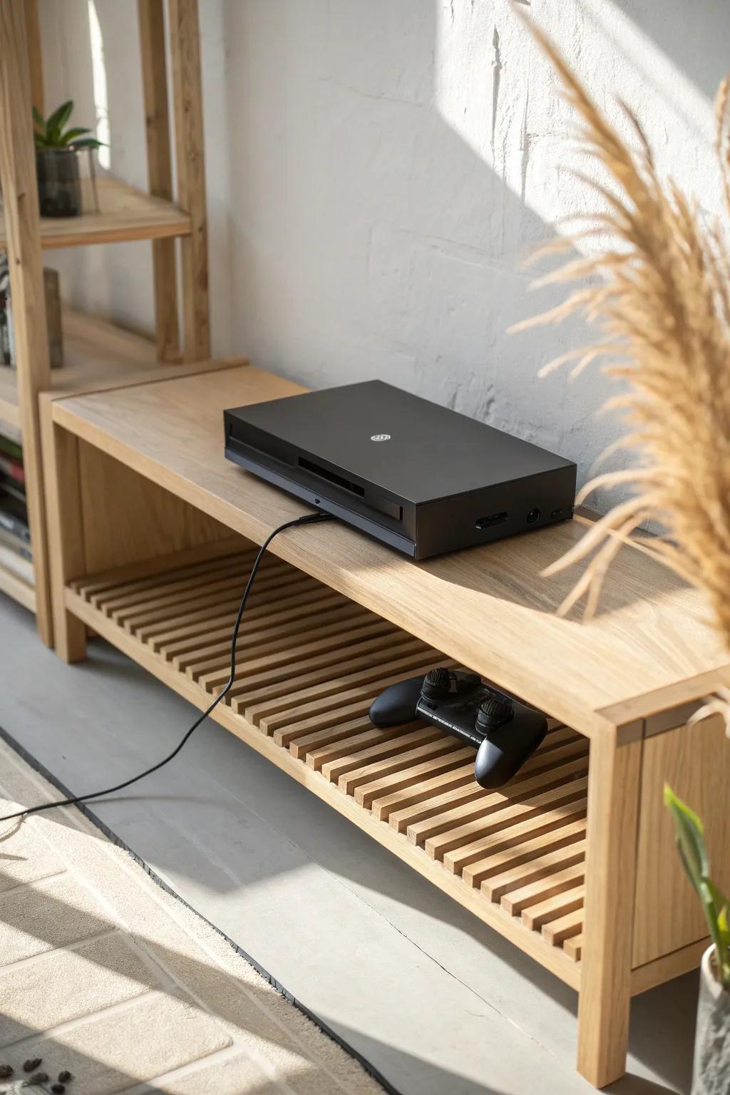 Open-slat birch console shelf—clean Scandinavian style with airflow for stacked setups.