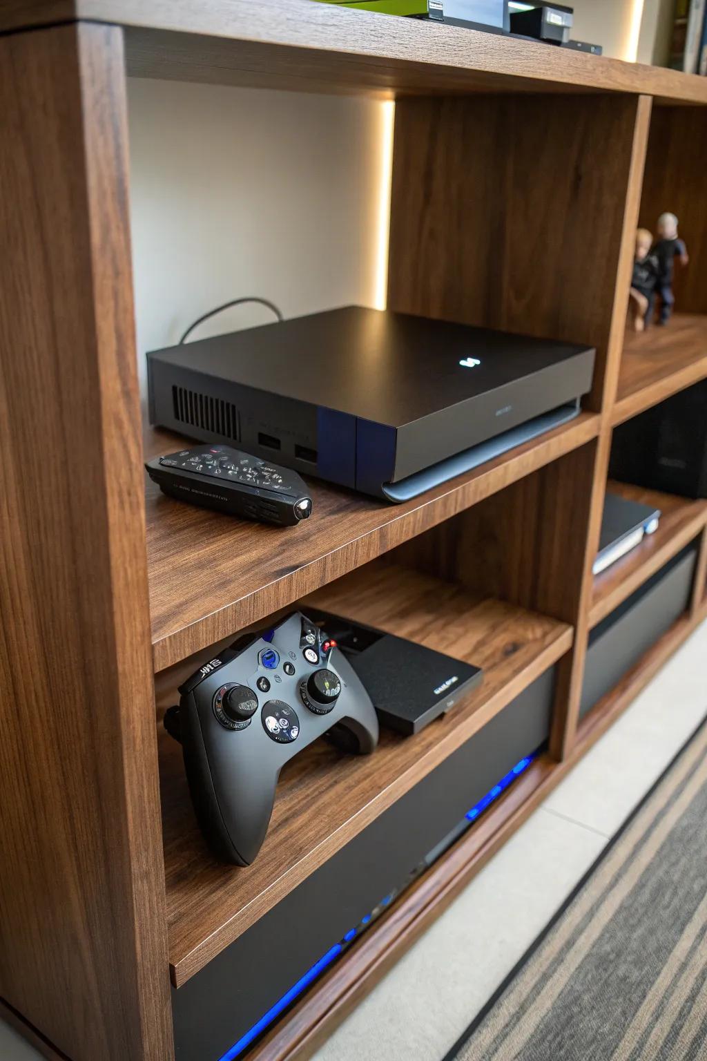 Elevate your gaming space with a color-coordinated console shelf that combines style and functionality.