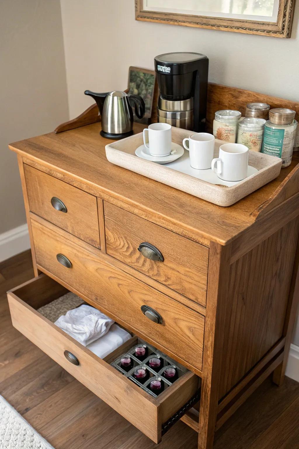 Vintage dresser coffee nook: original brass hardware, warm wood grain, tidy drawer storage.