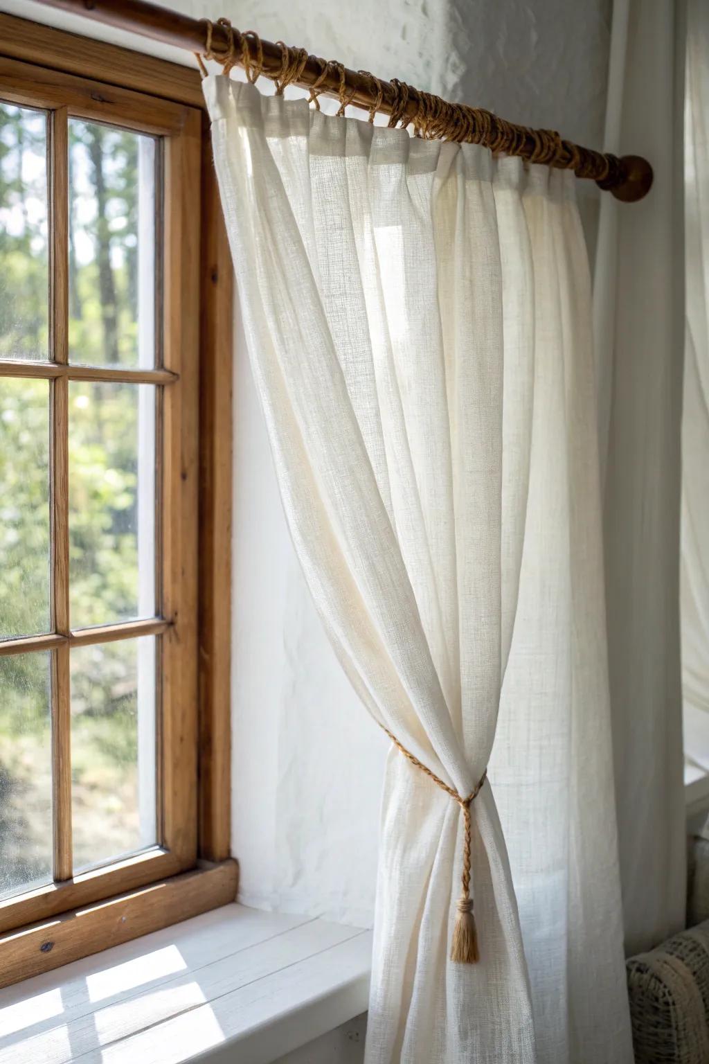 Sheer linen curtains on a warm wood rod soften cottage mornings with dreamy, vintage light.