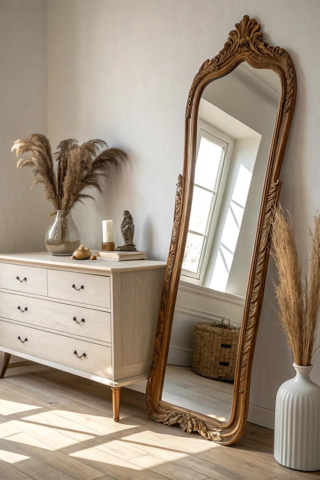 An oversized ornate mirror adds vintage glamour—perfectly eclectic above a simple dresser.