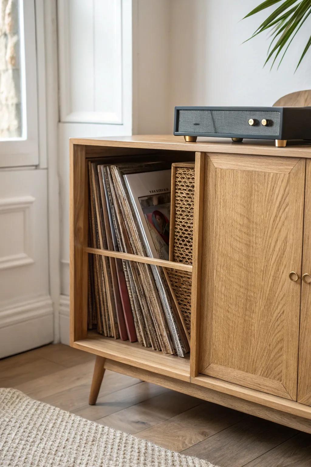 A calm vintage record nook: a low oak cabinet with sliding doors that hides clutter in style.