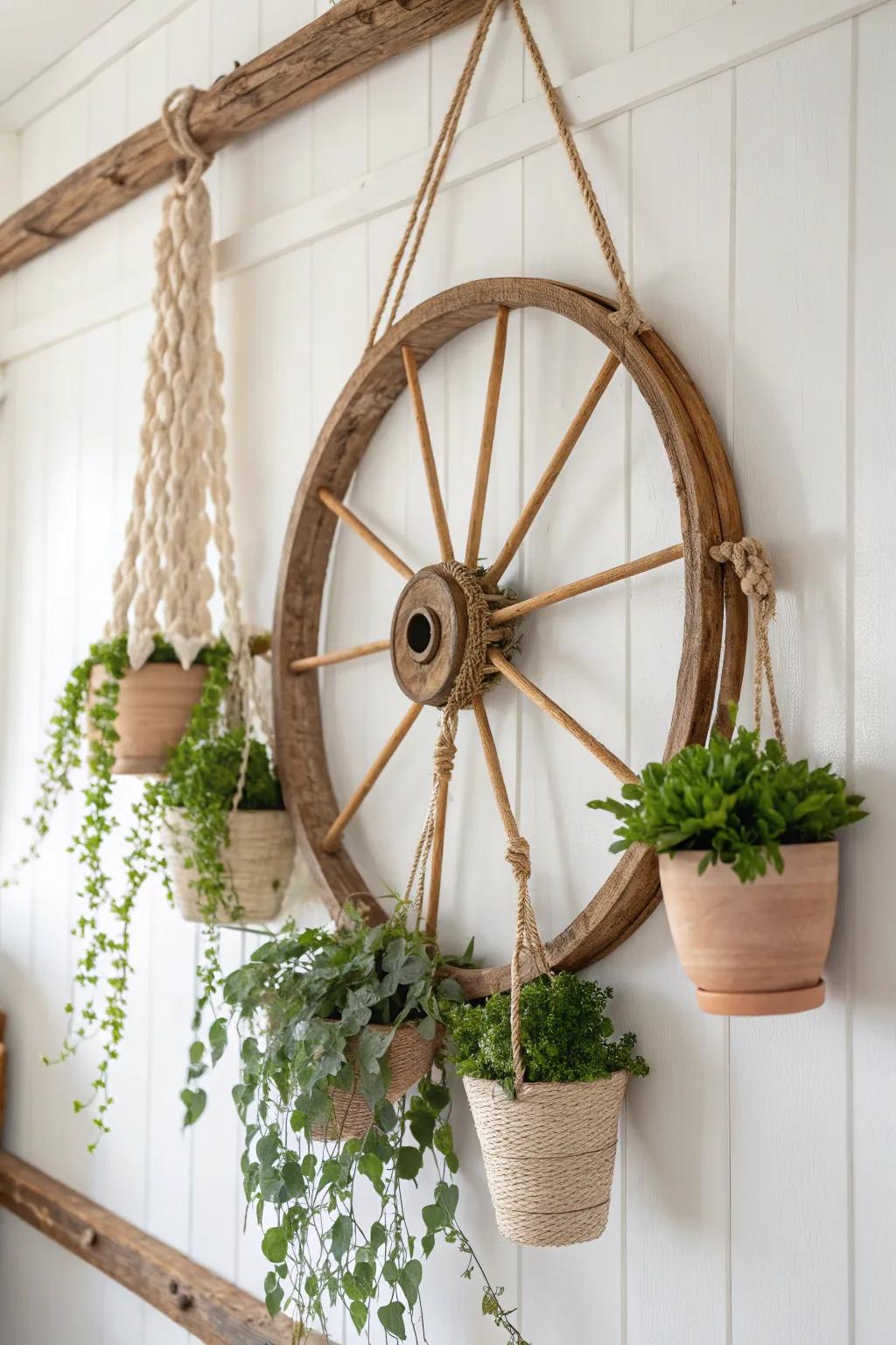 Floating wagon wheel planter display—balanced greenery and warm wood for airy boho calm.