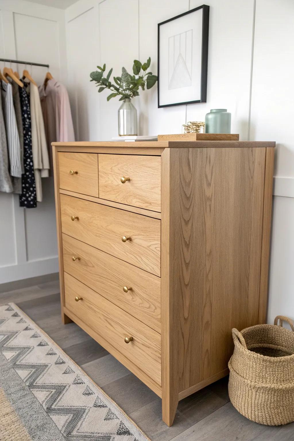 A corner-fit oak dresser transforms that awkward walk-in closet corner into elegant storage.