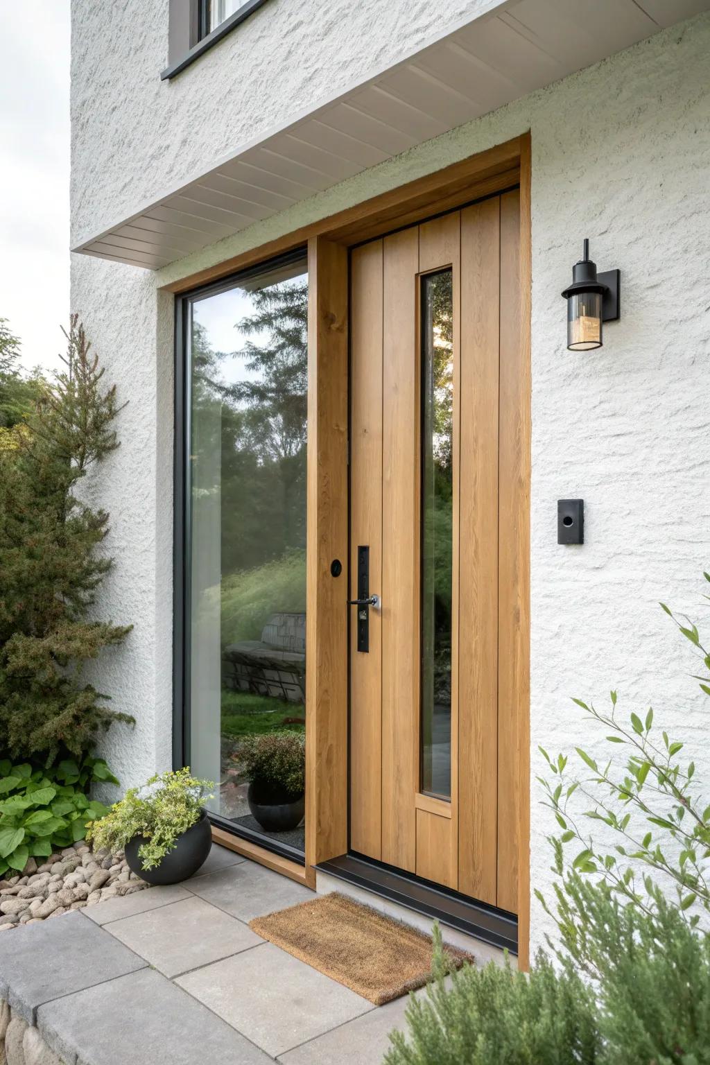 A slim sidelight beside a walkout door brings in daylight and makes the entry feel wider.