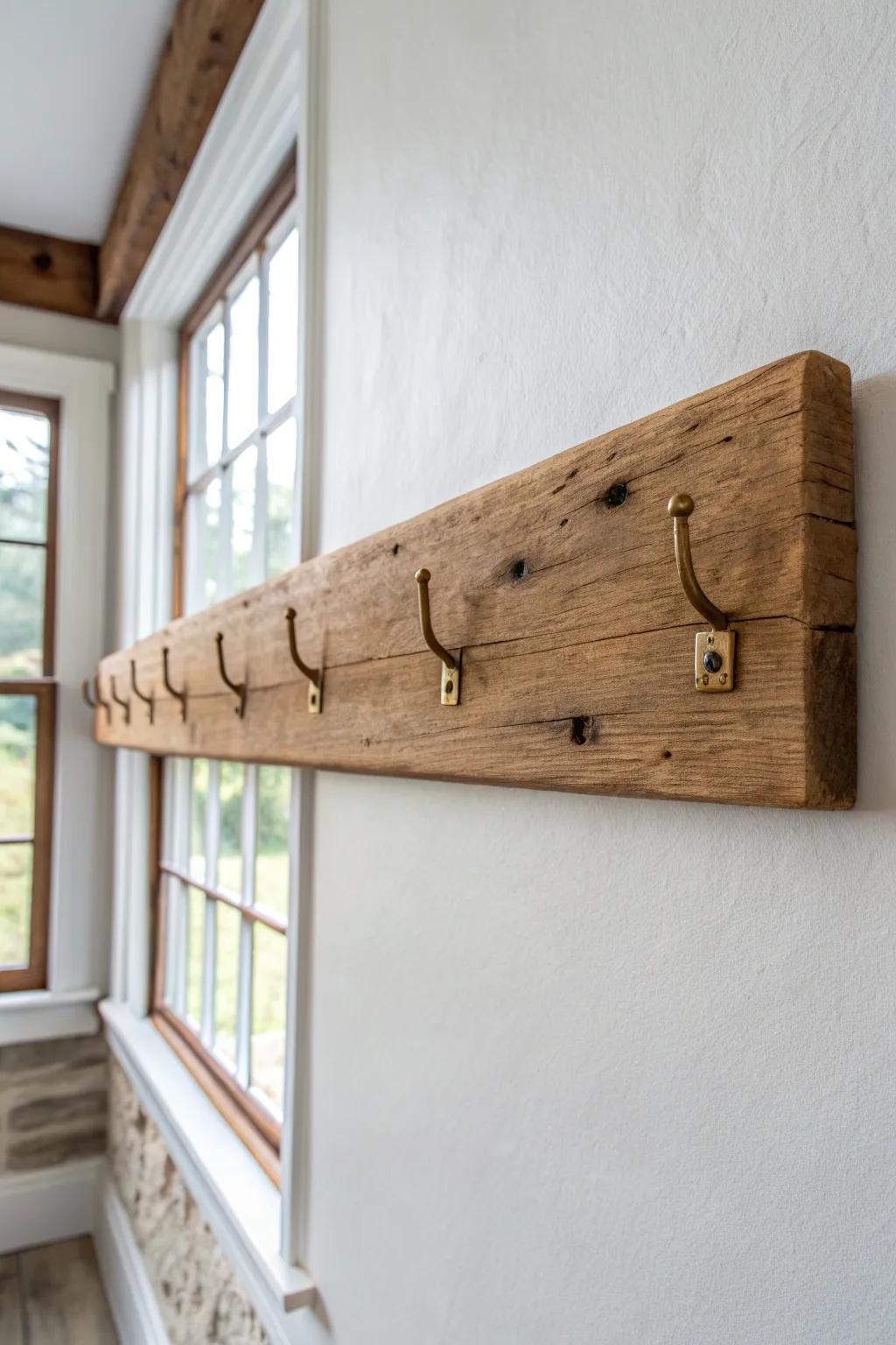 Chunky reclaimed beam coat rack—natural knots, clean lines, and warm brass hooks.