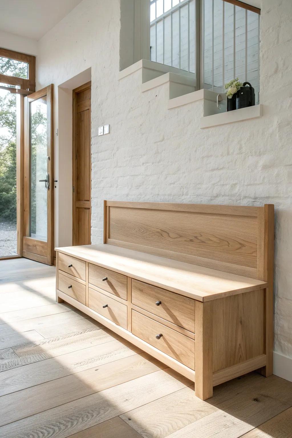A sleek built-in bench with hidden drawers—beautiful storage that keeps halls and dining rooms clean.