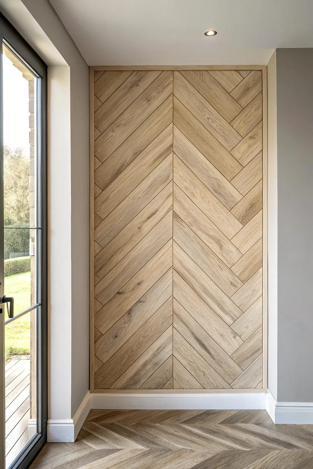 Light oak herringbone laminate adds quiet movement and a touchable, crafted statement wall.