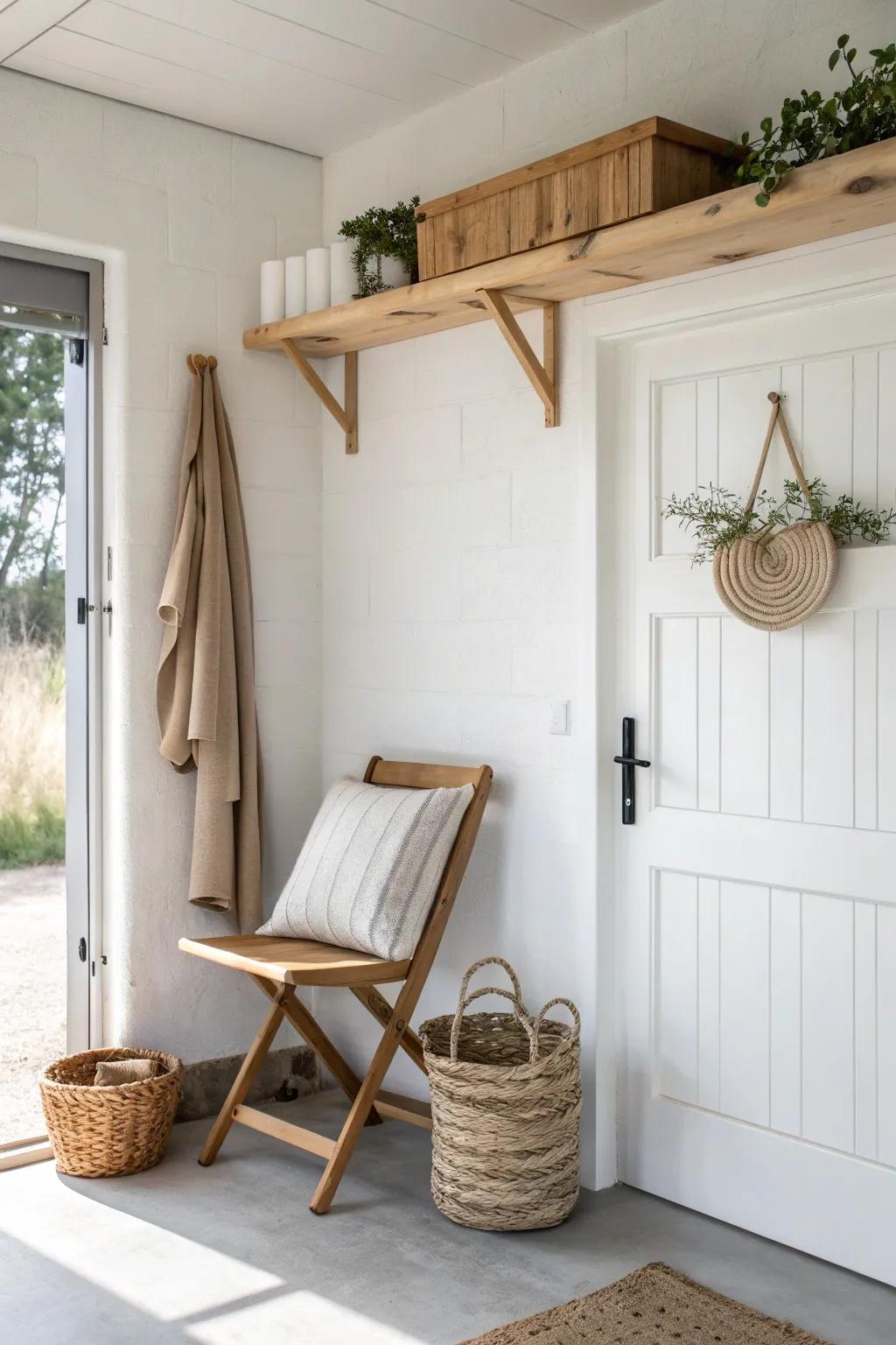Above-the-door oak shelf: a clean, high storage spot for lightweight garage essentials.