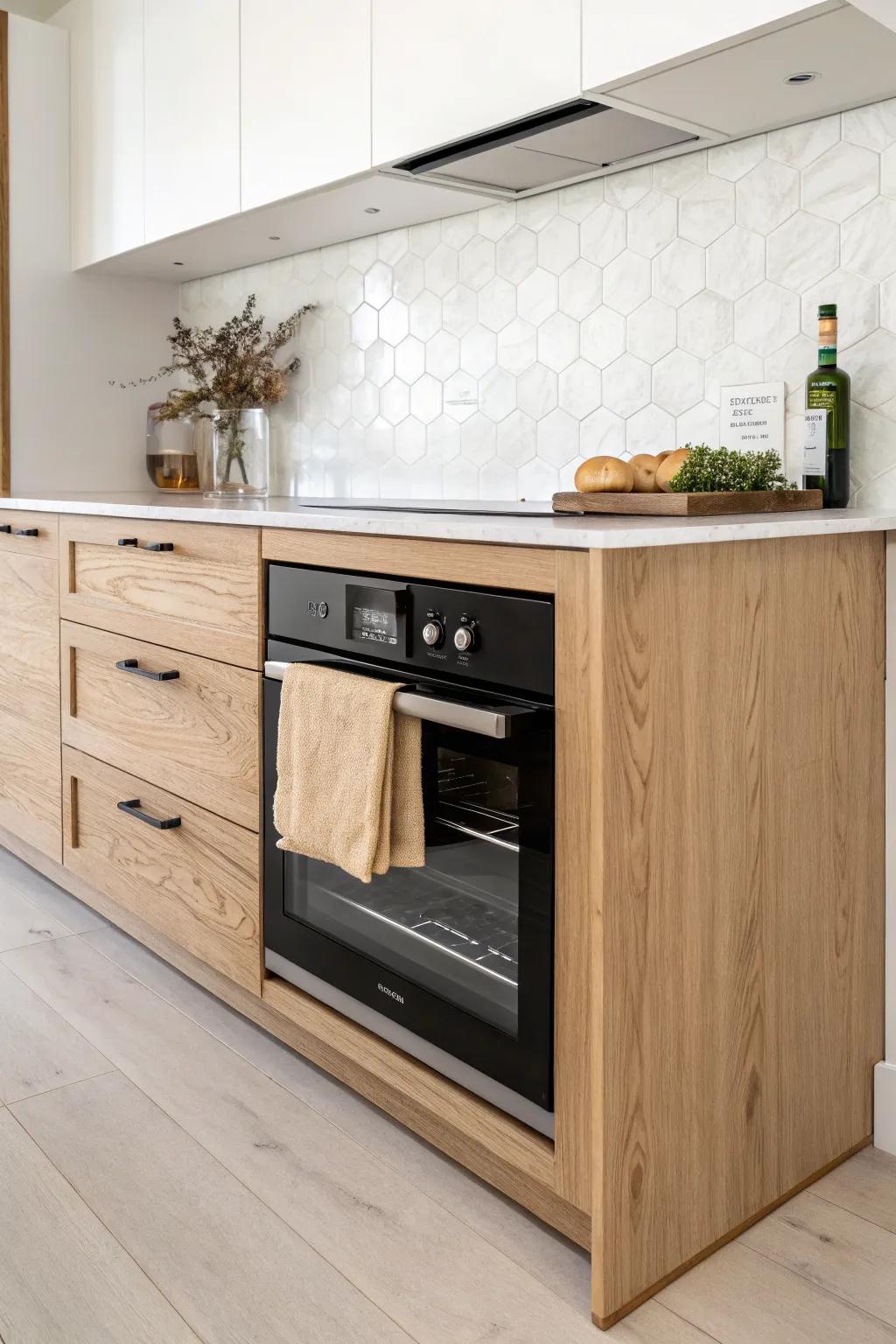 Sleek under‑counter wall oven base in light oak—clean backsplash and a handy drawer below.