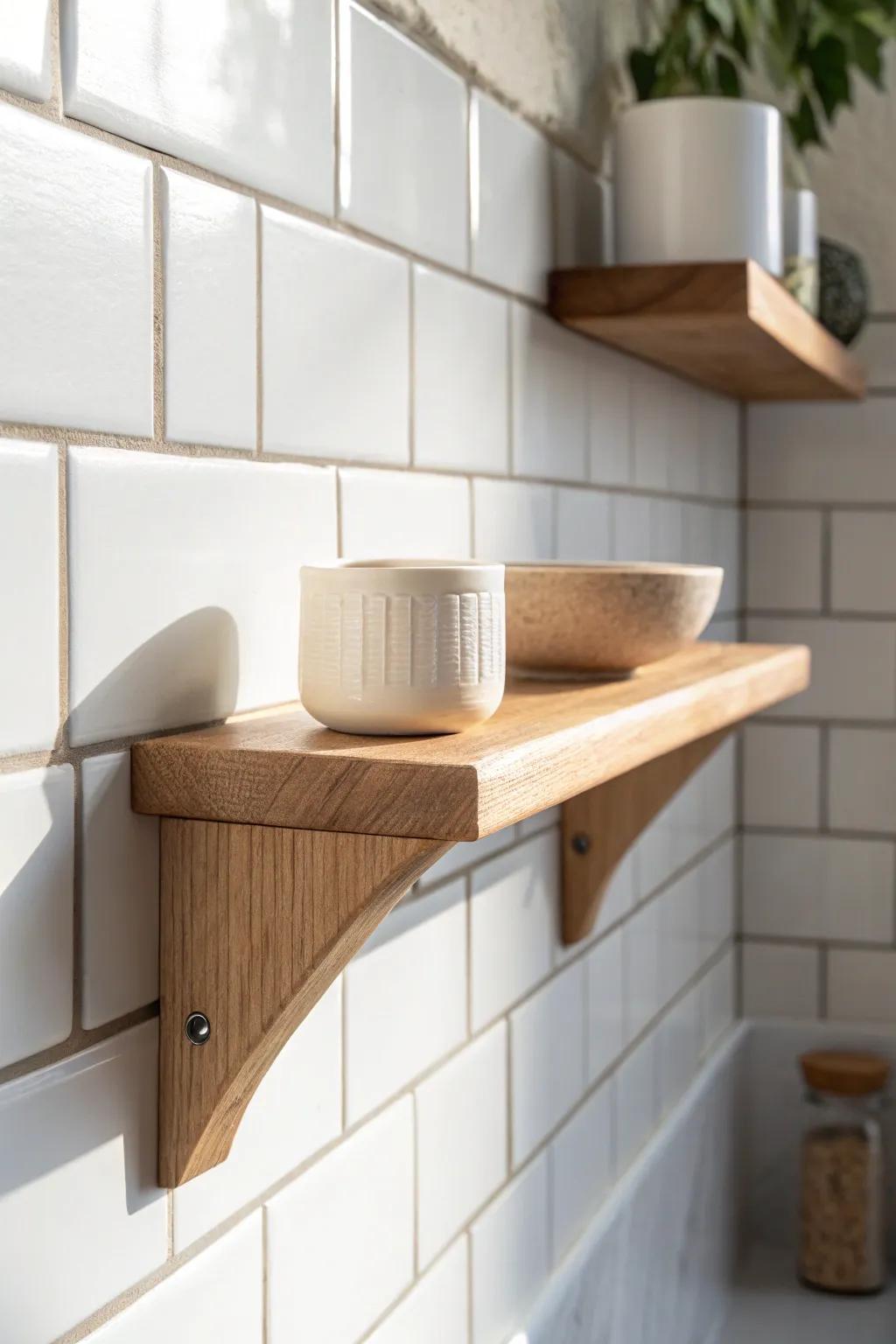 A tiny oak sconce shelf in the kitchen—just right for a salt cellar and a hint of charm.