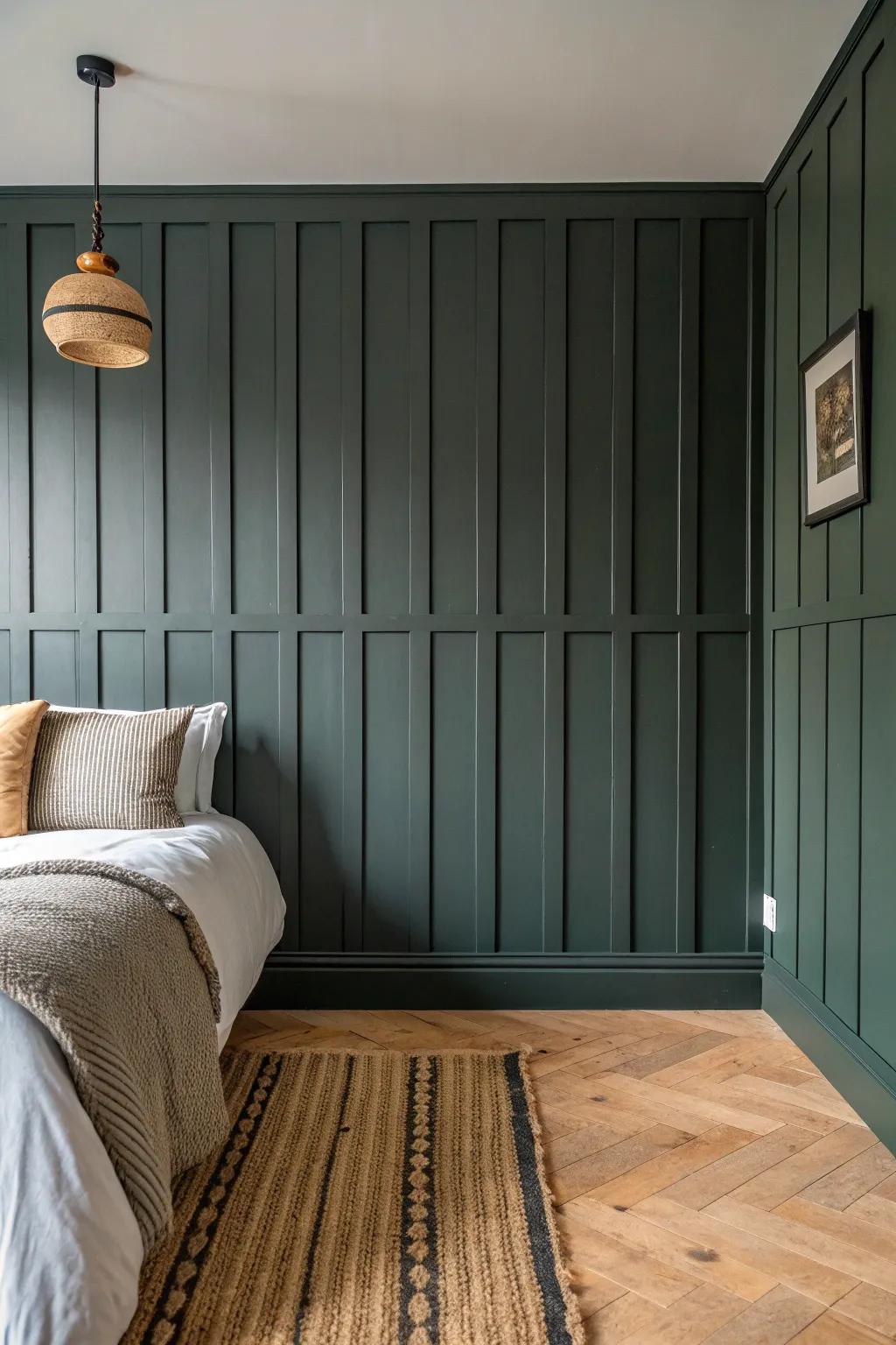 Deep, moody painted wood paneling that turns the bedroom into a cozy, crafted retreat.