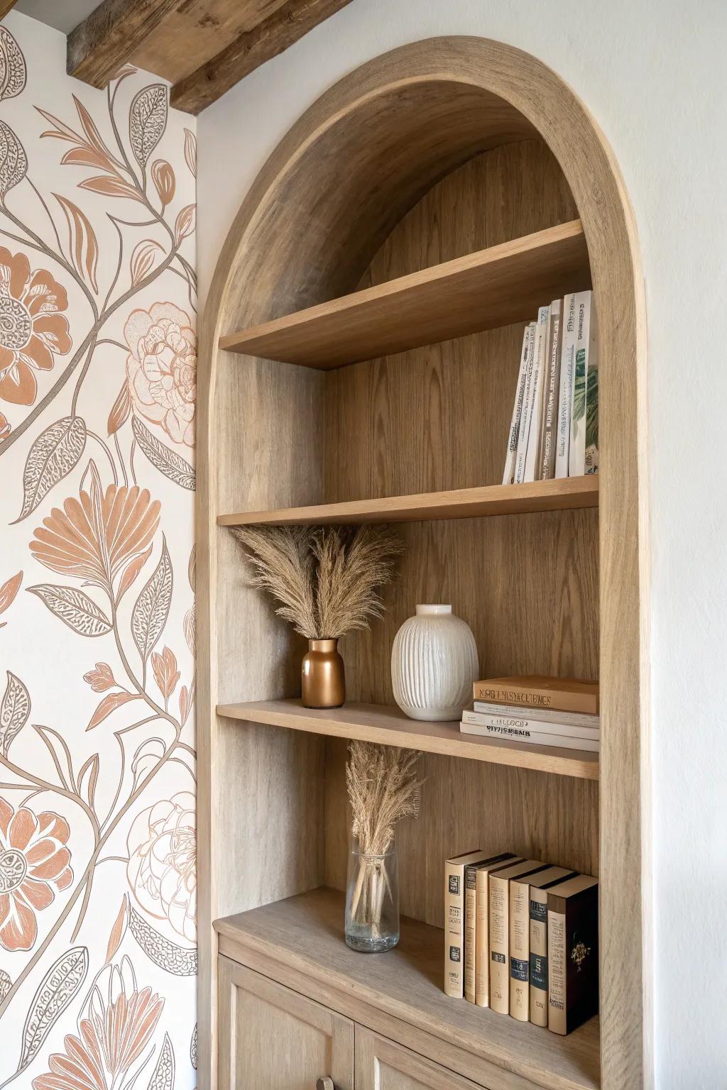 Wallpaper in an arched alcove turns a simple bookshelf into a warm, framed focal point.