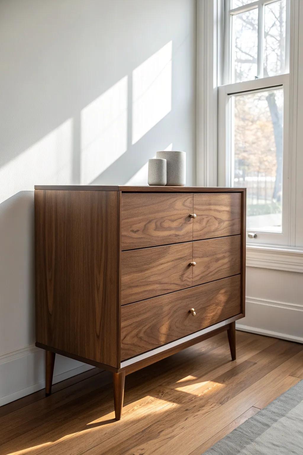 Flat-front walnut dresser on warm white walls—minimal hardware lets the glowing grain shine.