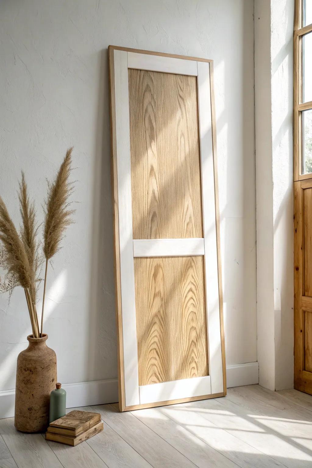Two-tone wardrobe doors: matte painted frame + natural oak center for a cozy modern look.
