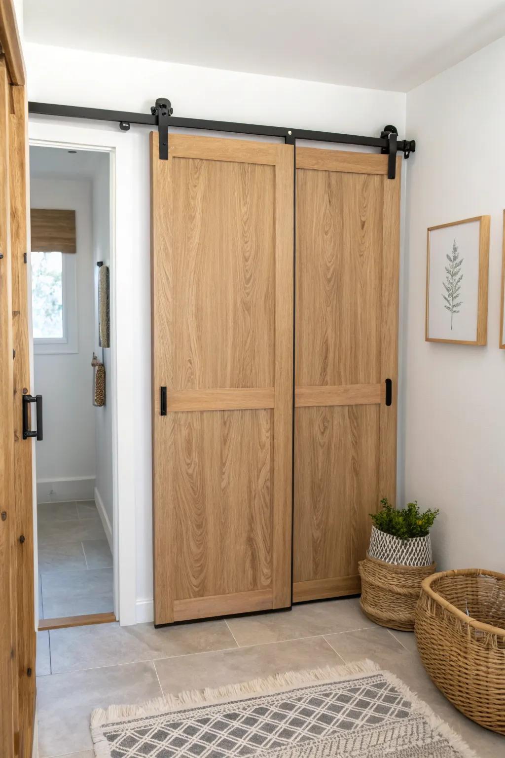Light-oak bypass sliding door: the space-saving water closet fix when walls are tight.