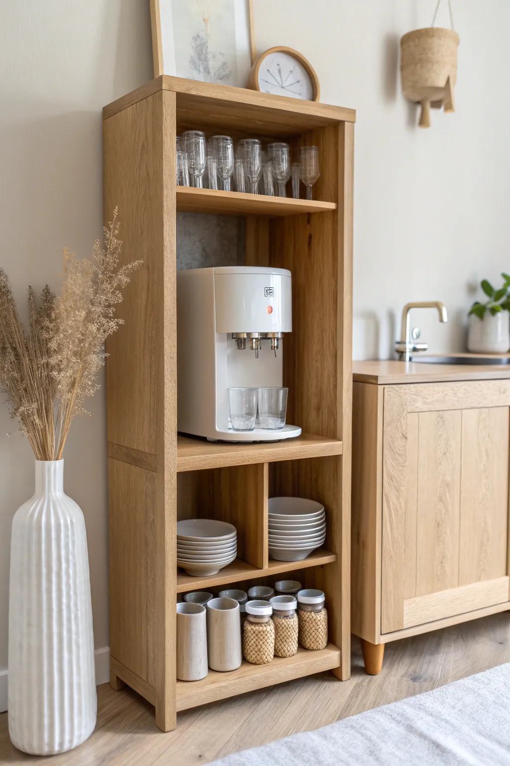 Cup cubby shelves above the dispenser keep cups and filters tidy—no counter clutter.
