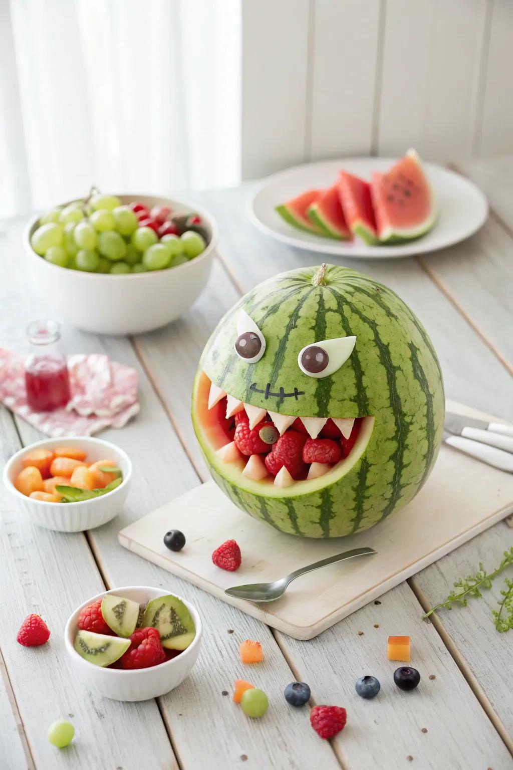 Craft a quirky watermelon monster face this Halloween for a fun and creative family project!