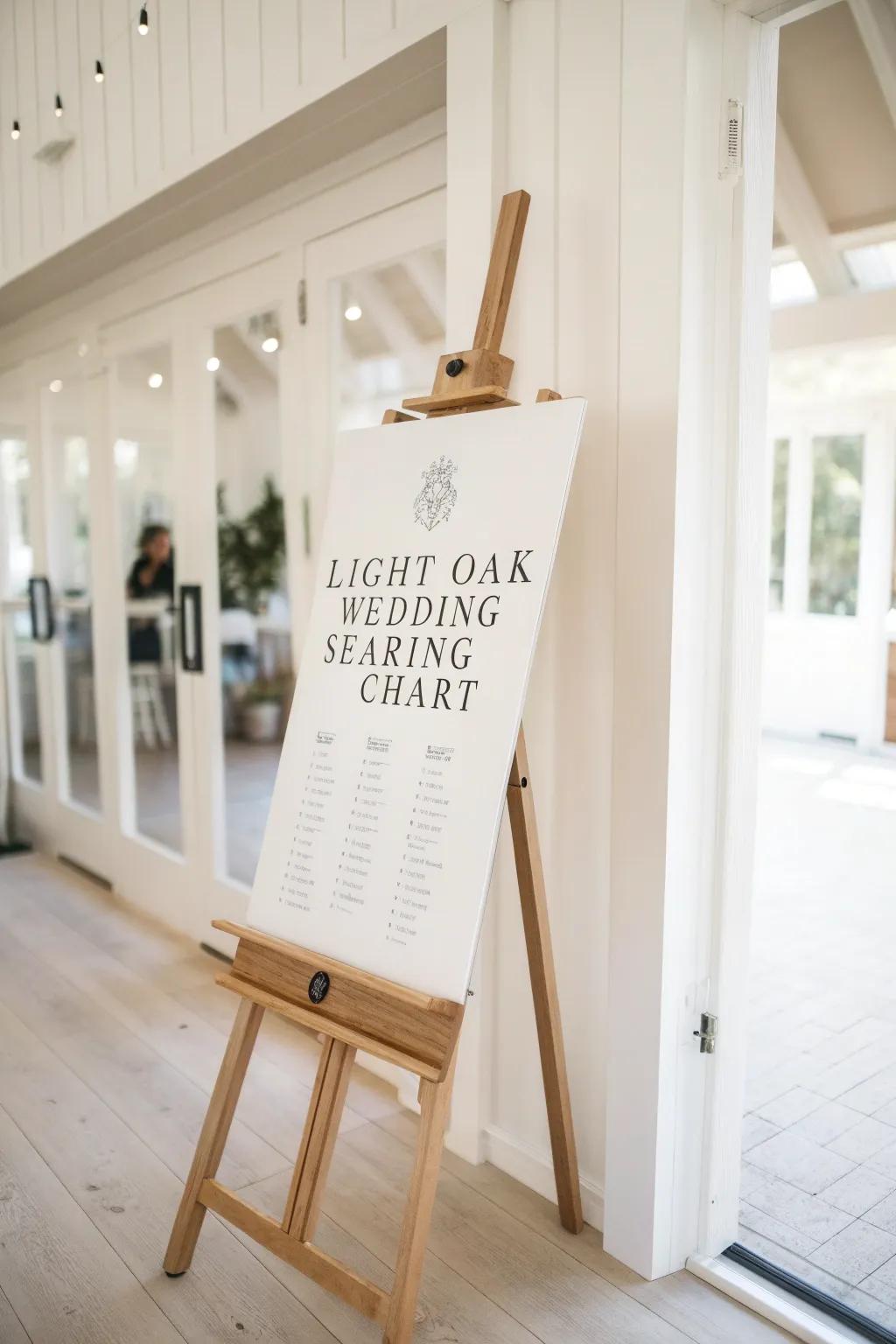 Oversized wooden seating-chart easel for the entrance—easy to scan, minimalist, warmly crafted.