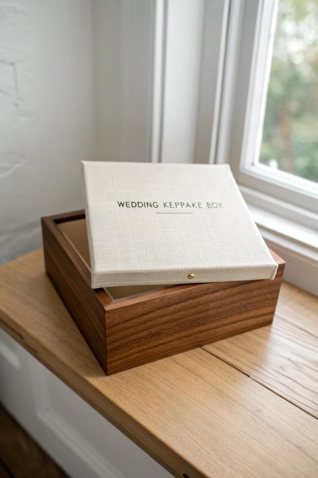 Linen-wrapped lid + warm wood base—an heirloom wedding keepsake box with modern farmhouse charm.