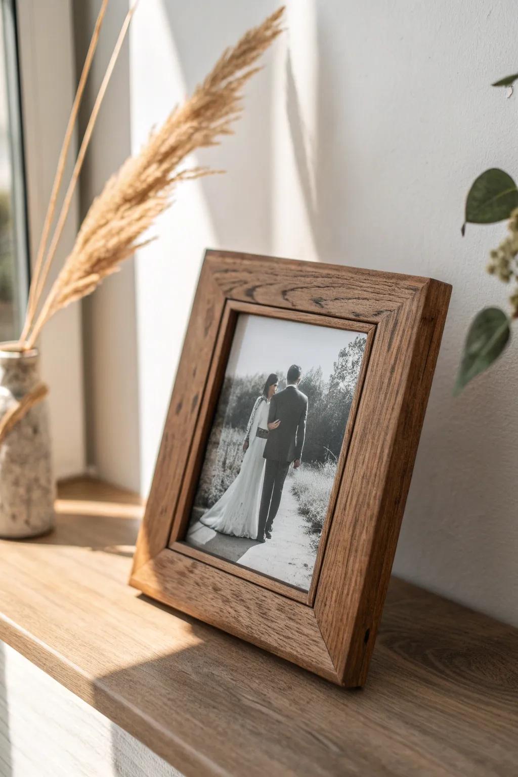 A family wedding photo in a vintage wood frame—timeless, simple, and full of story.