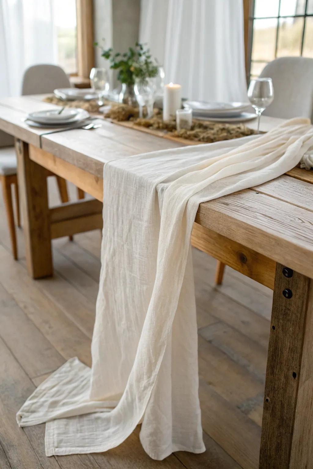 Ivory gauze over raw oak—romantic, rustic, and clipped neatly so it stays draped all night.