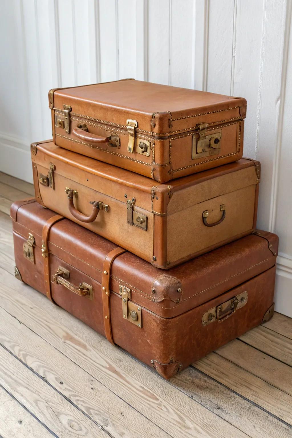 Stacked vintage suitcases become a chic wedding wishing well—travel charm with handmade detail.