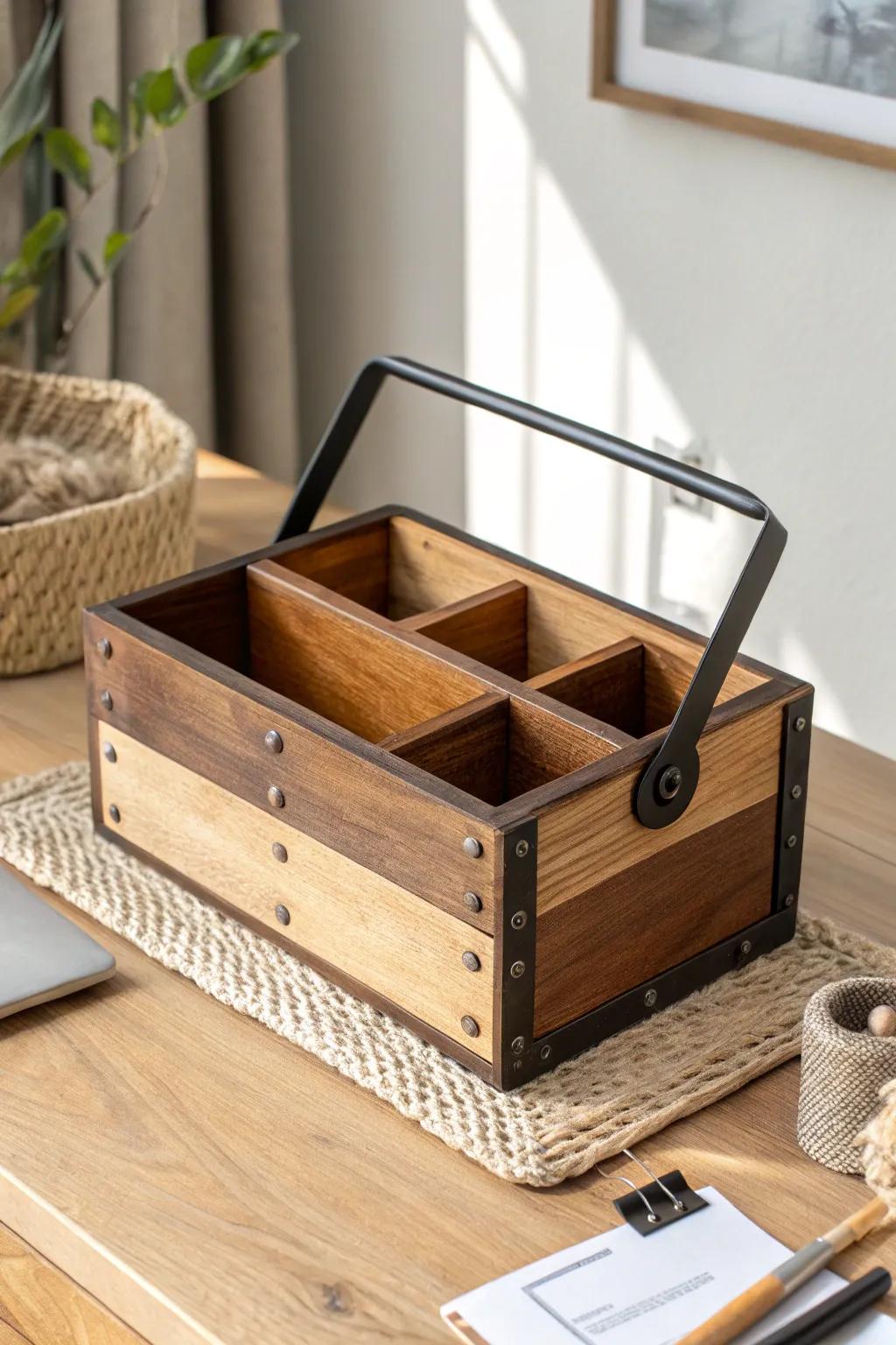 Earthy tan + cream wood tones elevated with matte black accents for calm western office style.
