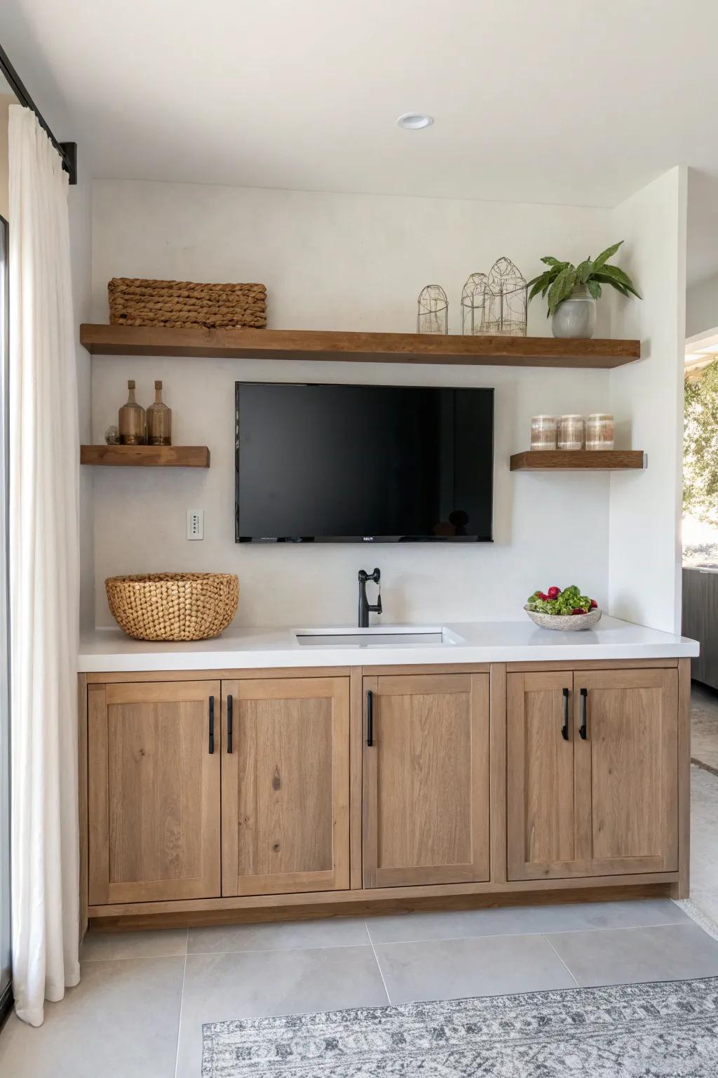 Cozy floating shelves frame the TV above the wet bar for a light, modern farmhouse feel.