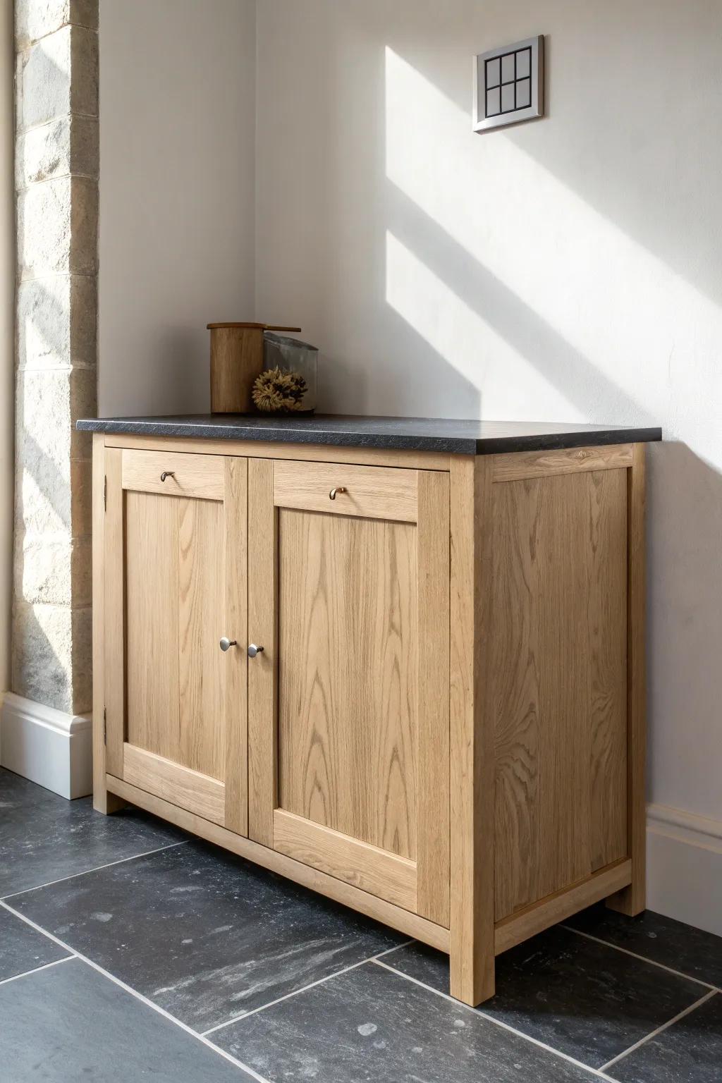 Natural light oak cabinets soften black granite—warm, calm contrast with handcrafted appeal.