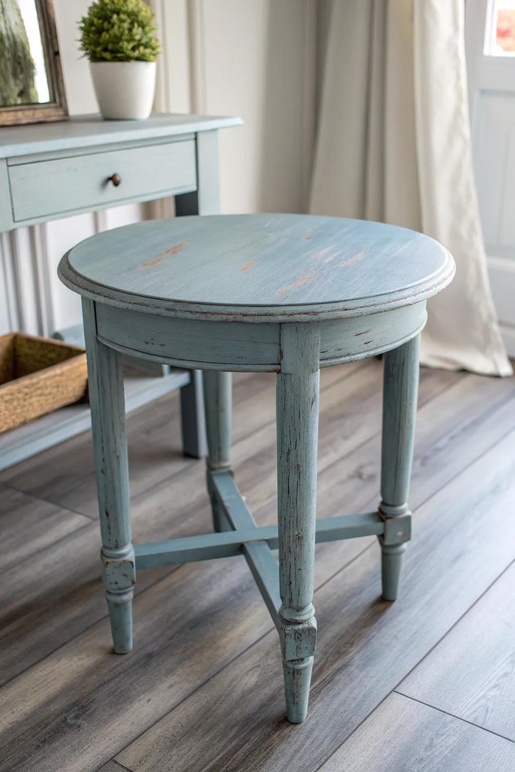 Soft denim blue side table adds calm contrast and warmth to cool gray wood floors.