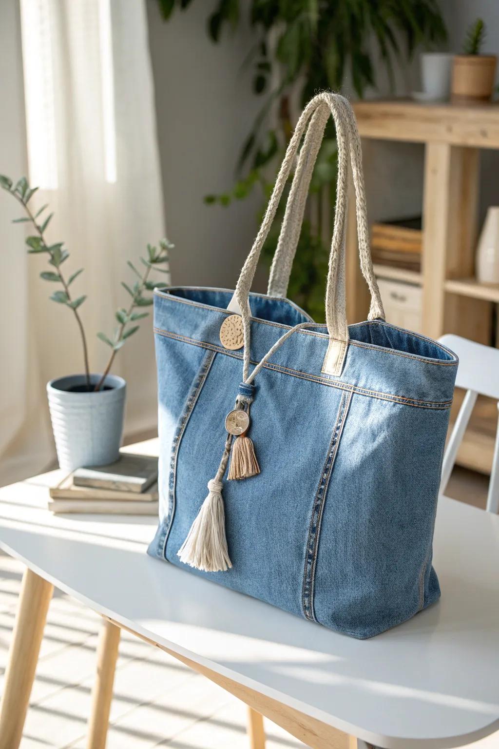 Transform your old jeans into a chic denim tote—perfect for stylishly carrying essentials with a touch of boho flair!