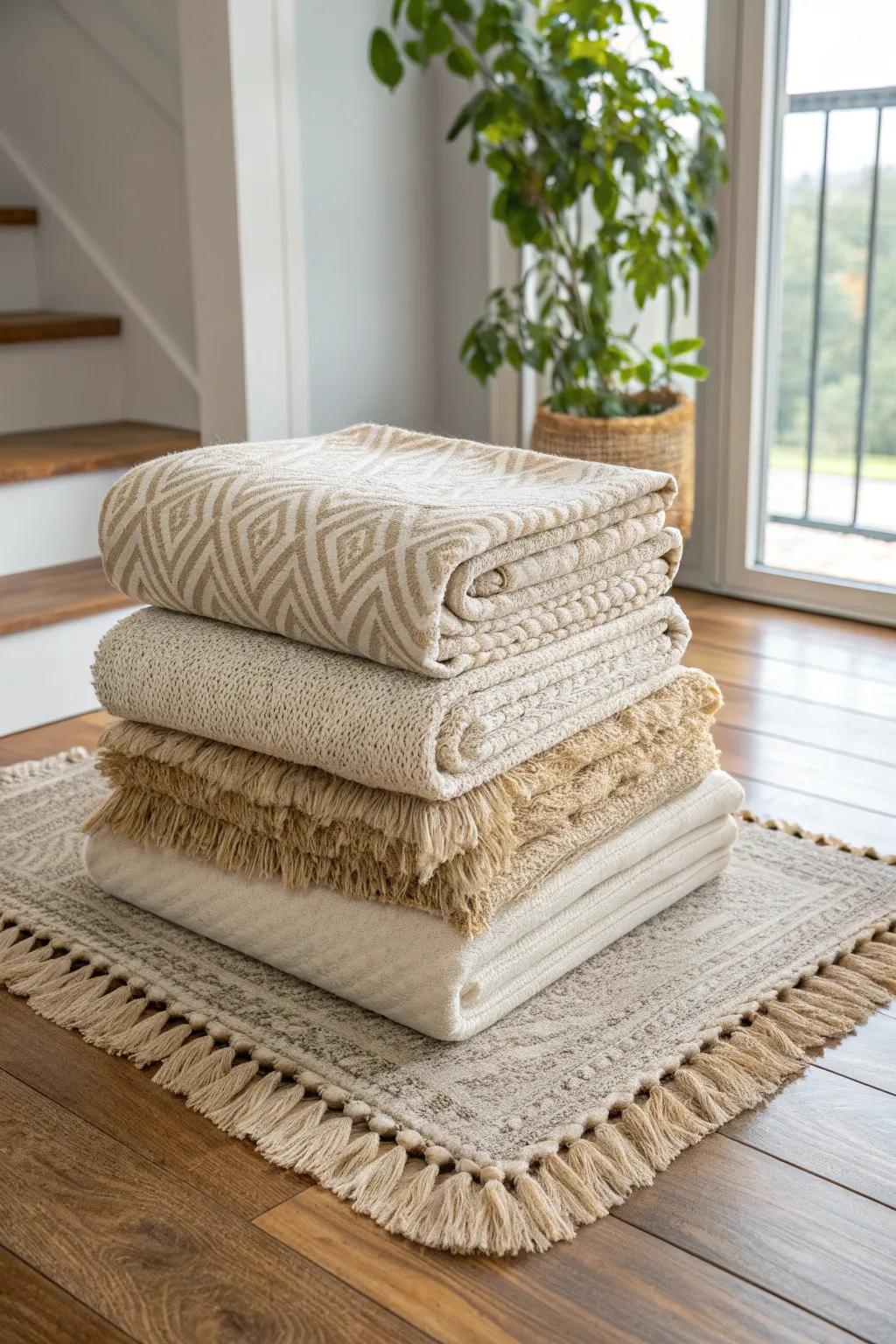 Layer creamy, sand-toned rugs over warm oak floors for soft texture and farmhouse depth.