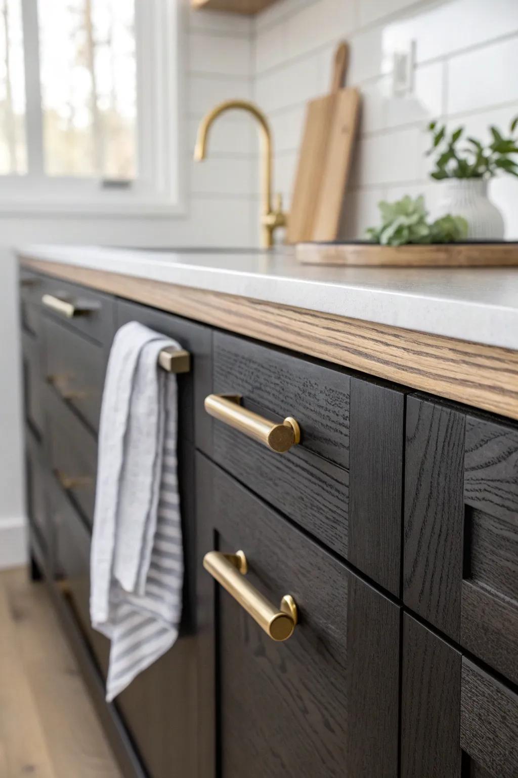 Brushed brass hardware warms a matte-black island, softening a crisp white kitchen contrast.