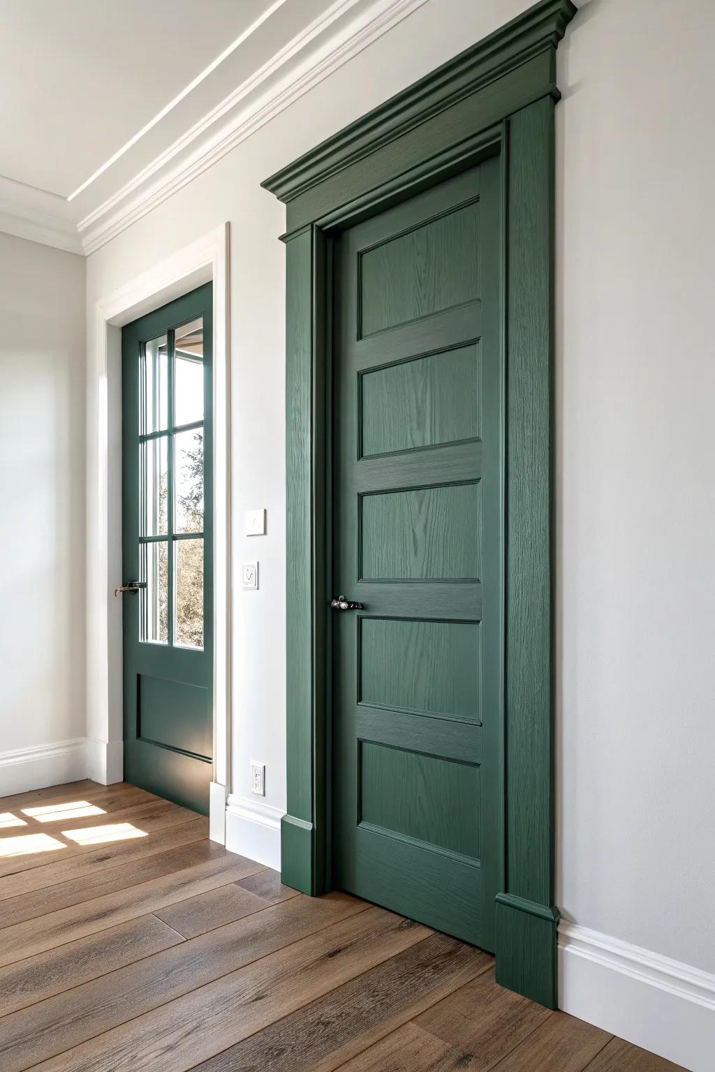 White walls meet deep green trim—moody, vintage-leaning millwork with modern craft.