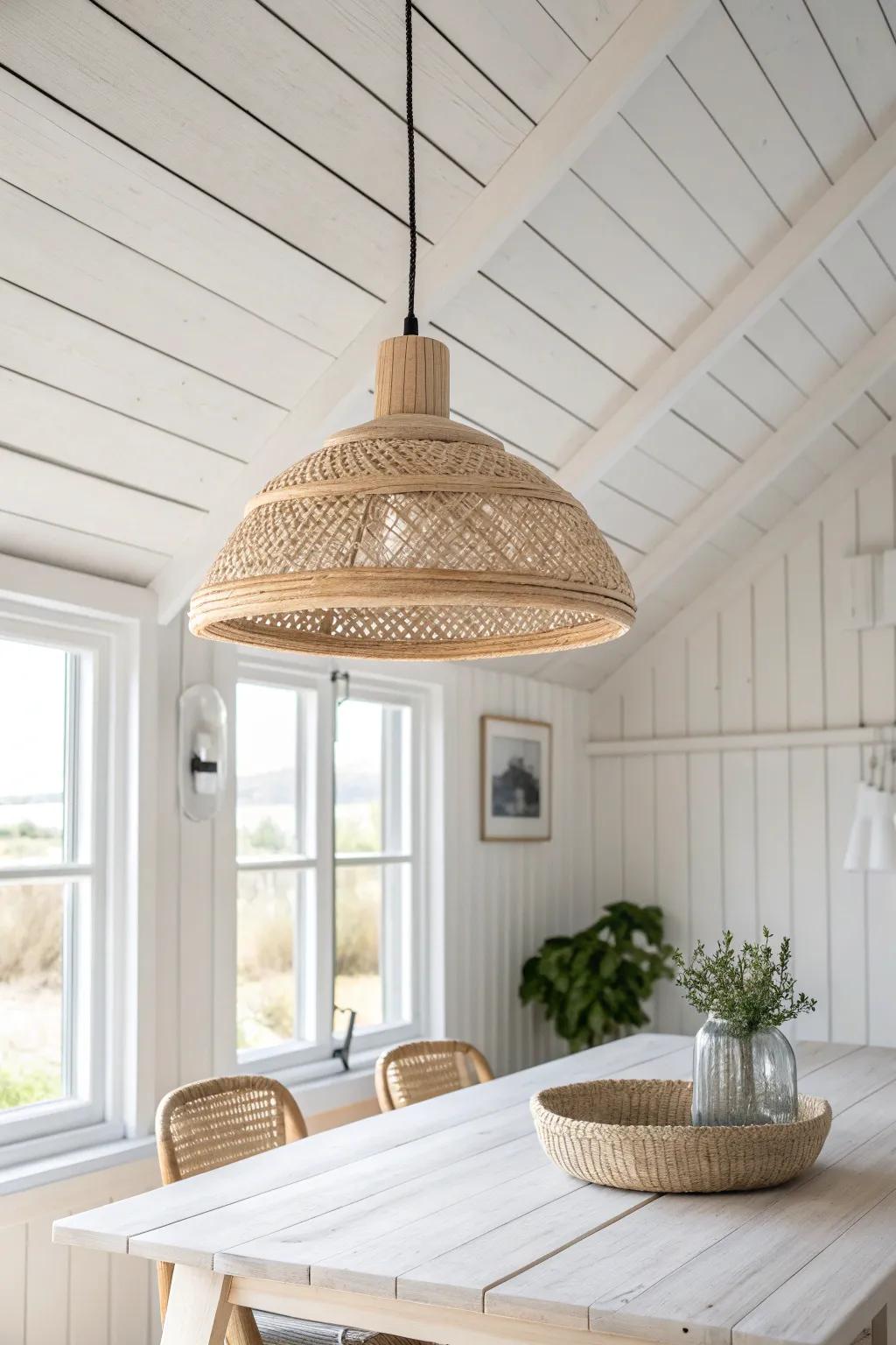 Center your white ceiling planks on a statement pendant for a polished, intentional dining look.