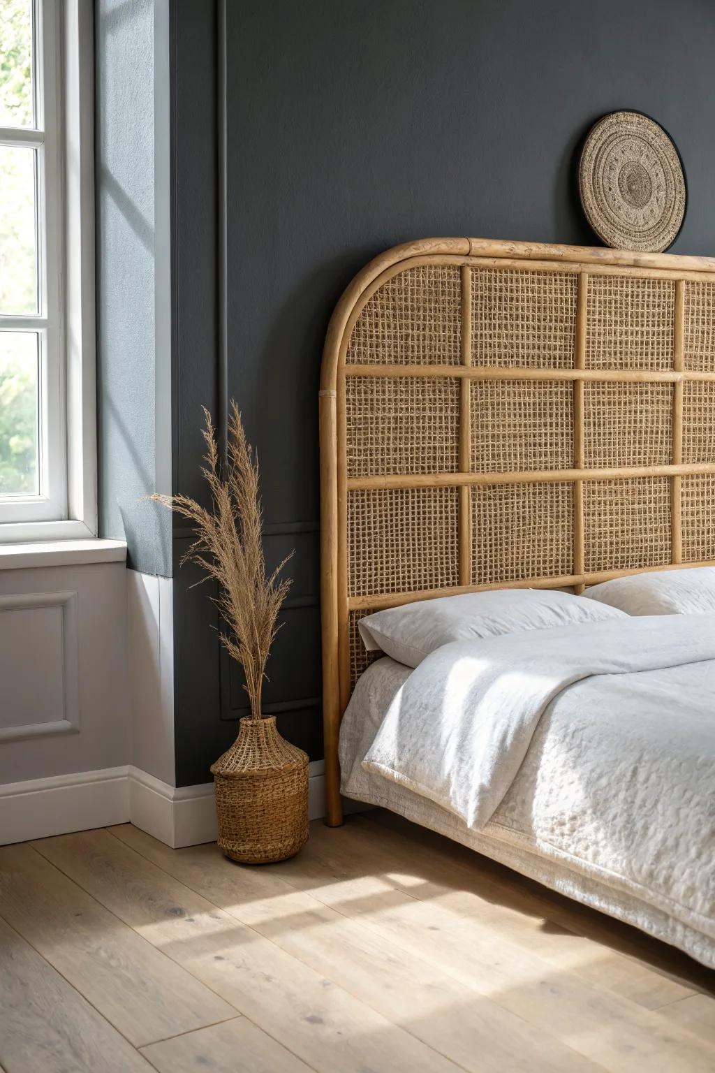 A rattan headboard against a dark wall—instant boho calm with graphic woven texture.