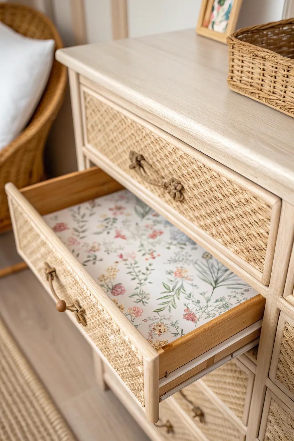 Transform your space with charming surprises—floral wallpaper for a touch of joy every time you open your dresser!